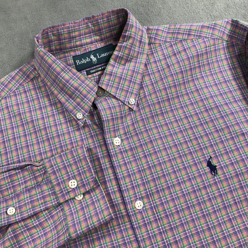 Ralph Lauren Shirt Men's 16 Purple green Plaid Button Down Preppy Custom Fit